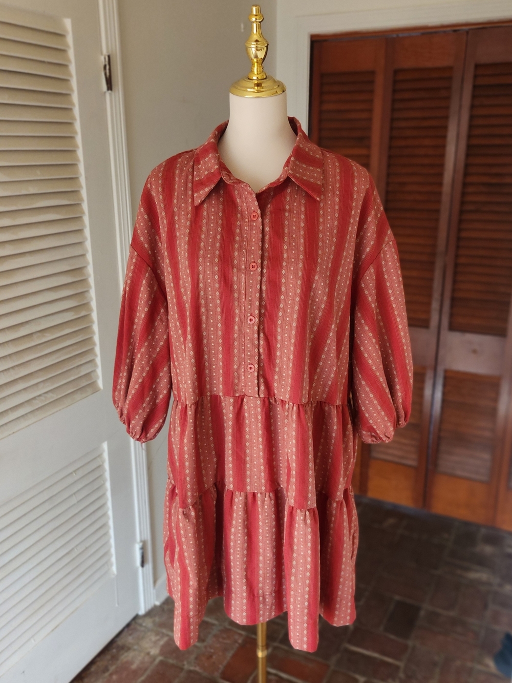 SHEIN Rust Stripe Tiered Button-Front Mini Dress